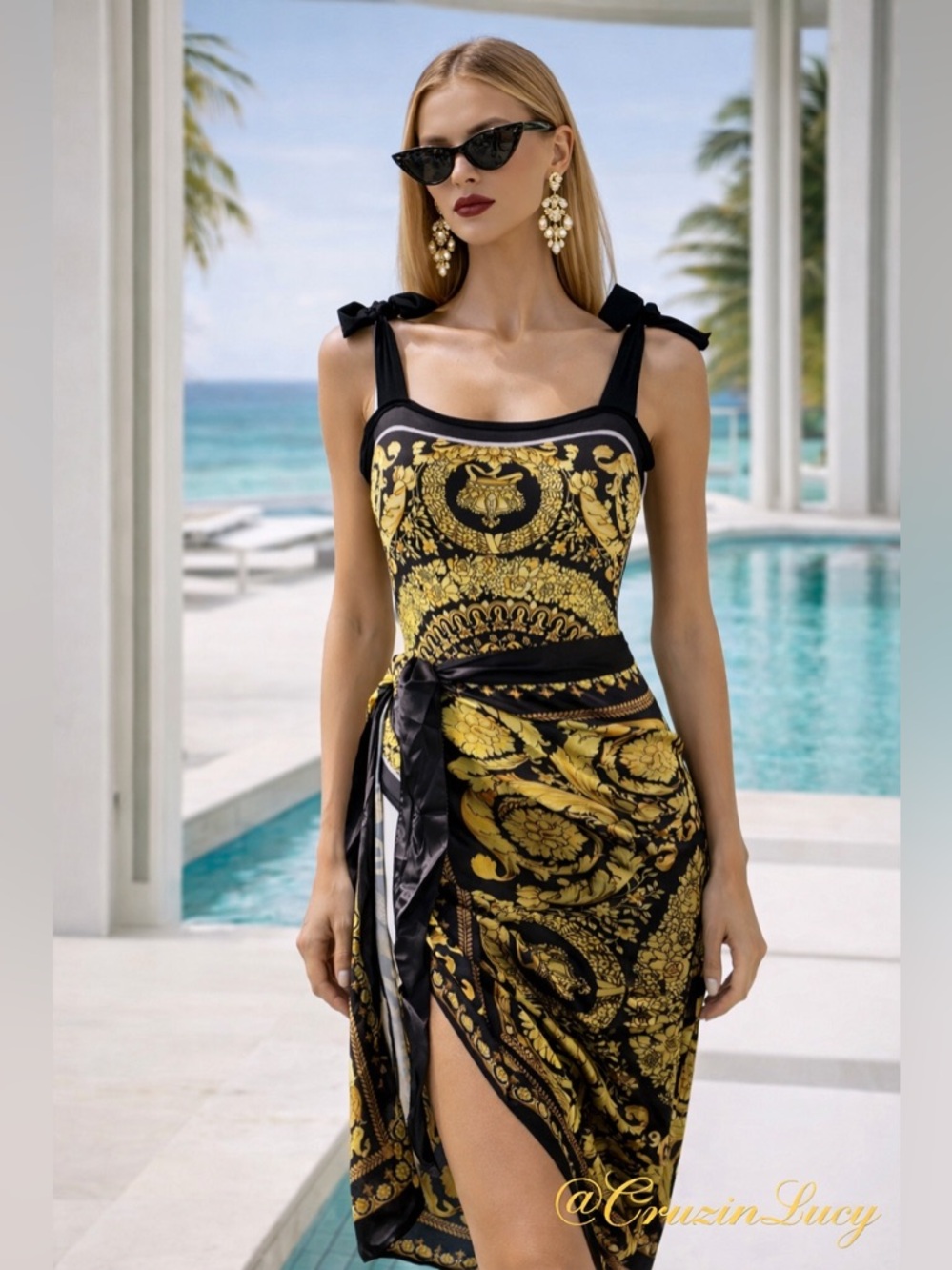 Luxe Black & Gold Baroque Swim Set One Piece + Sarong NEW Resort Glam - Picture 3 of 15